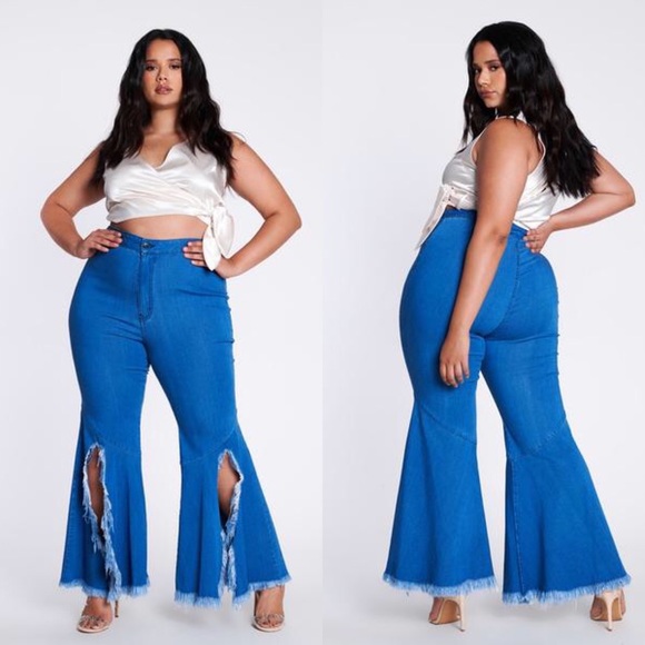 Vibrant Denim - High Waist Split Flare Jeans-XL/1X
